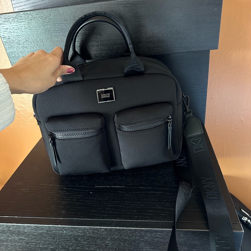 DKNY Nee NORA Soft Puffy Duffle Nylon square Bag Weekender $198 front zip pocket